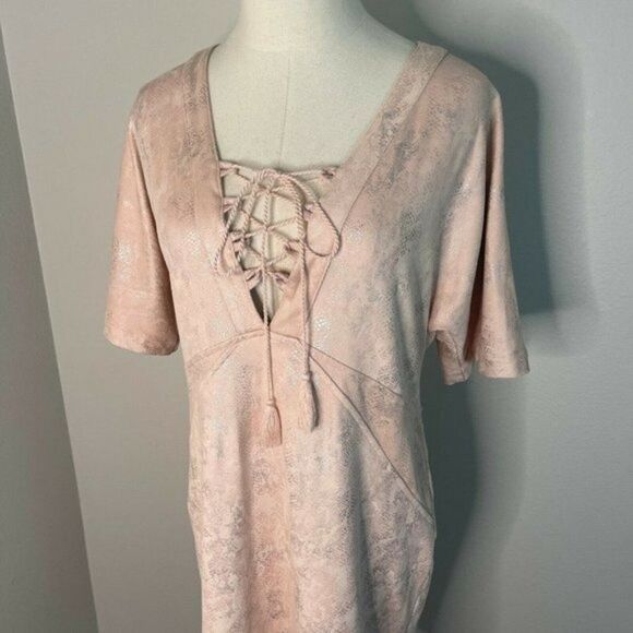 Uncle Frank Snakeskin Pattern Shimmery Lace Up Tunic Mini Dress Pink Silver S - Picture 4 of 6